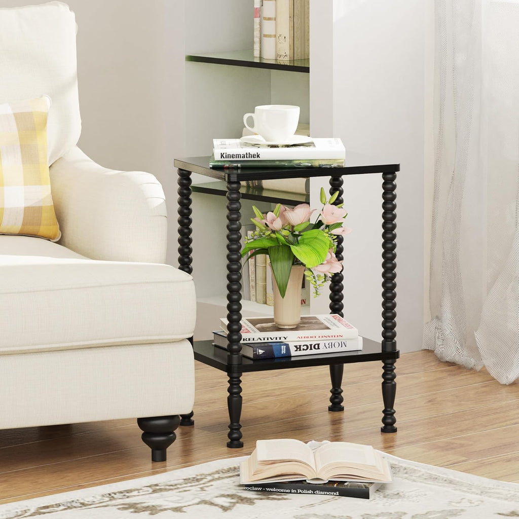 Side Table, 2-Tier Wood End Table, Vintage Bedside Nightstand with Open Storage Shelf for Living Room, Bedroom, Office, Black