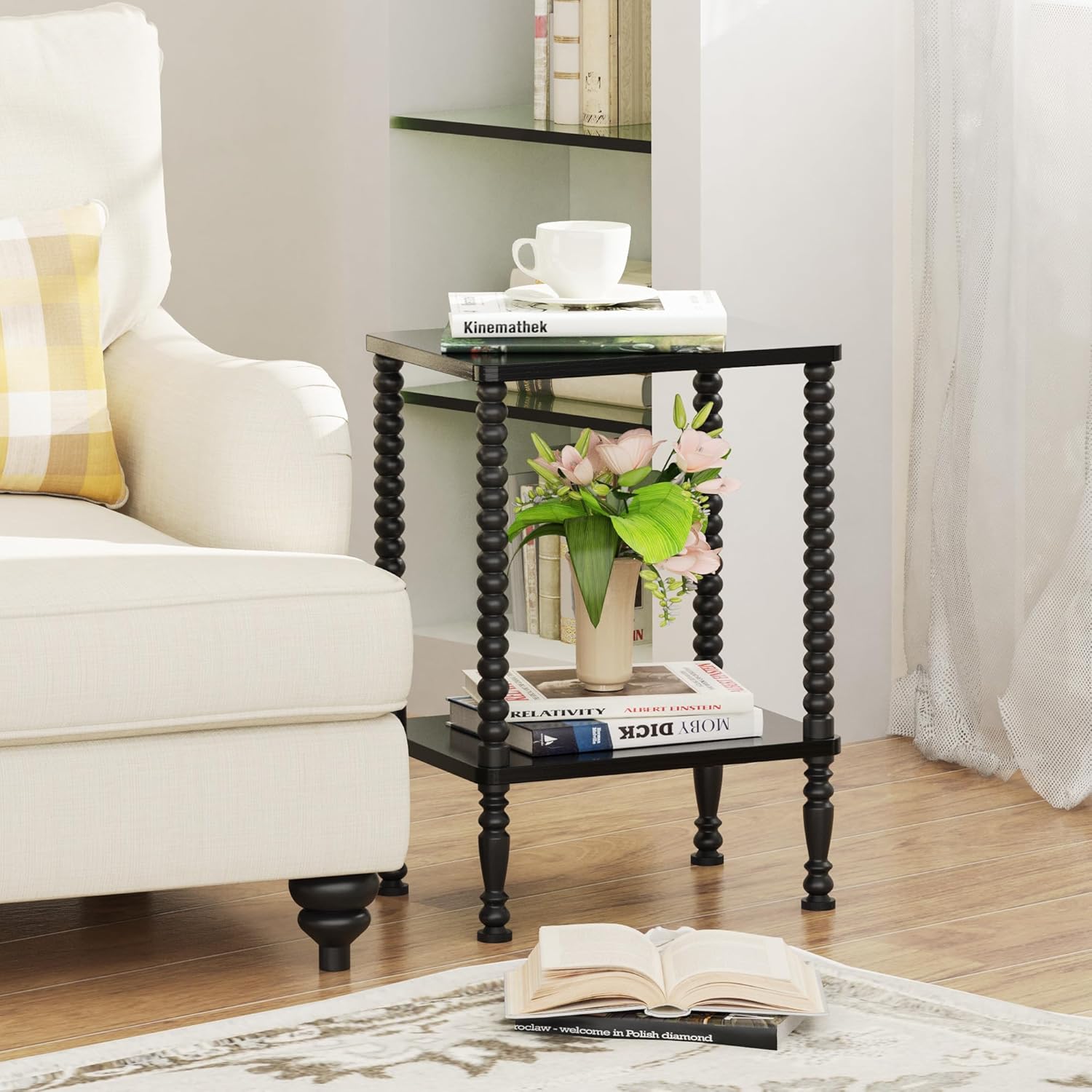 Side Table, 2-Tier Wood End Table, Vintage Bedside Nightstand with Open Storage Shelf for Living Room, Bedroom, Office, Black