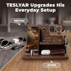 TESLYAR Wood Phone Docking Station for Men - Desk or Nightstand Organizer - Birthday Gifts for Husband, Dad - Anniversary Idea from Wife - Key Holder, Stand Wallet, Watch & Essentials (Bourbon Brown)