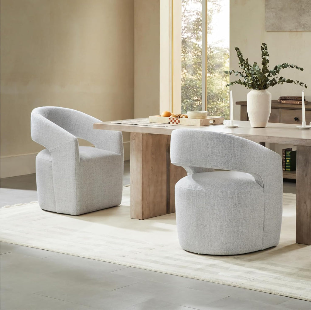 KISLOT Upholstered Dining Chairs with Casters, No Assembly Modern Barrel Armchair with Rollers for Dining Room, Bedroom, Living Room, Reading Room, Home Office, Set of 2, Light Grey