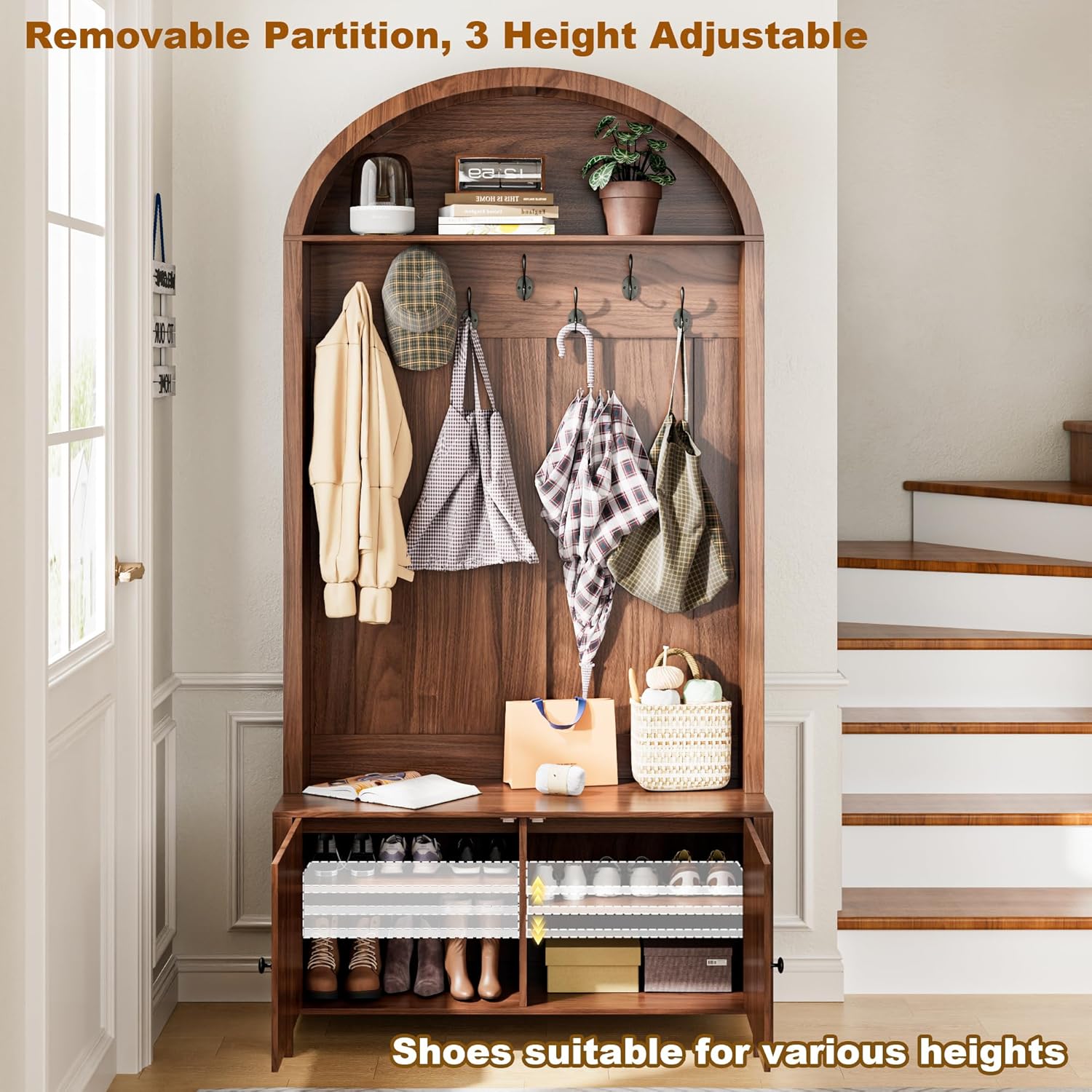 Hall Tree with Bench and Shoe Storage, Entryway Storage Bench with Coat Rack, 78.74" Coat Rack with 7 Hooks and Adjustable Shelves, Farmhouse Style Furniture Organizer for Hallway (Walnut, 78.74"H)