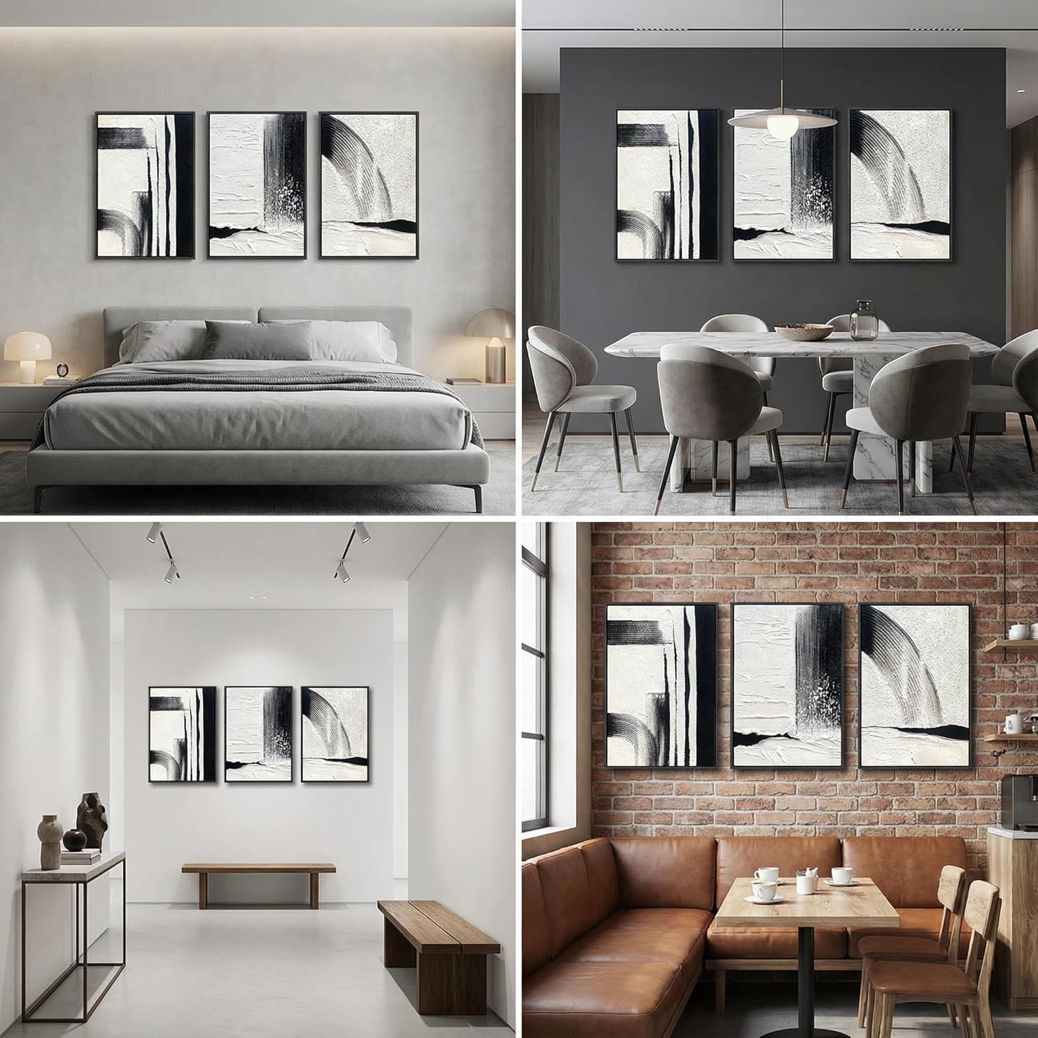 Black and White Textured Abstract Wall Art for Living Room, 3 Piece Framed Modern Artwork for Walls, Hand Painted Minimalist 3D Oil Paintings for Hallway Office Wall Decor 24x48 In