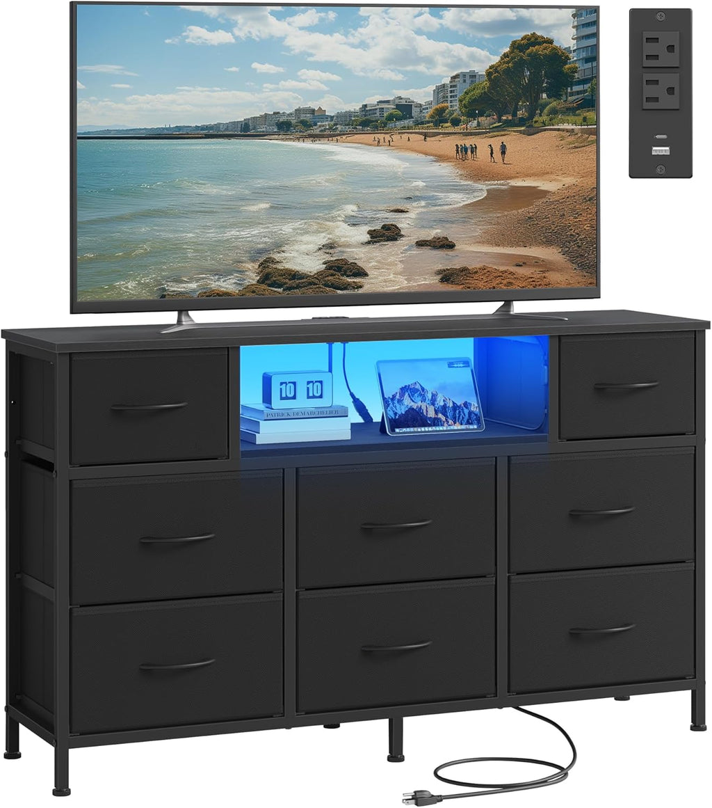 SONGMICS BELLAH Collection - Dresser for Bedroom with Outlets and LED Lights, TV Stand for TVs Up to 55 Inches, Chest of Drawers, 8 Drawers, Steel, Industrial, Modern, Ink Black ULGS433BH02S