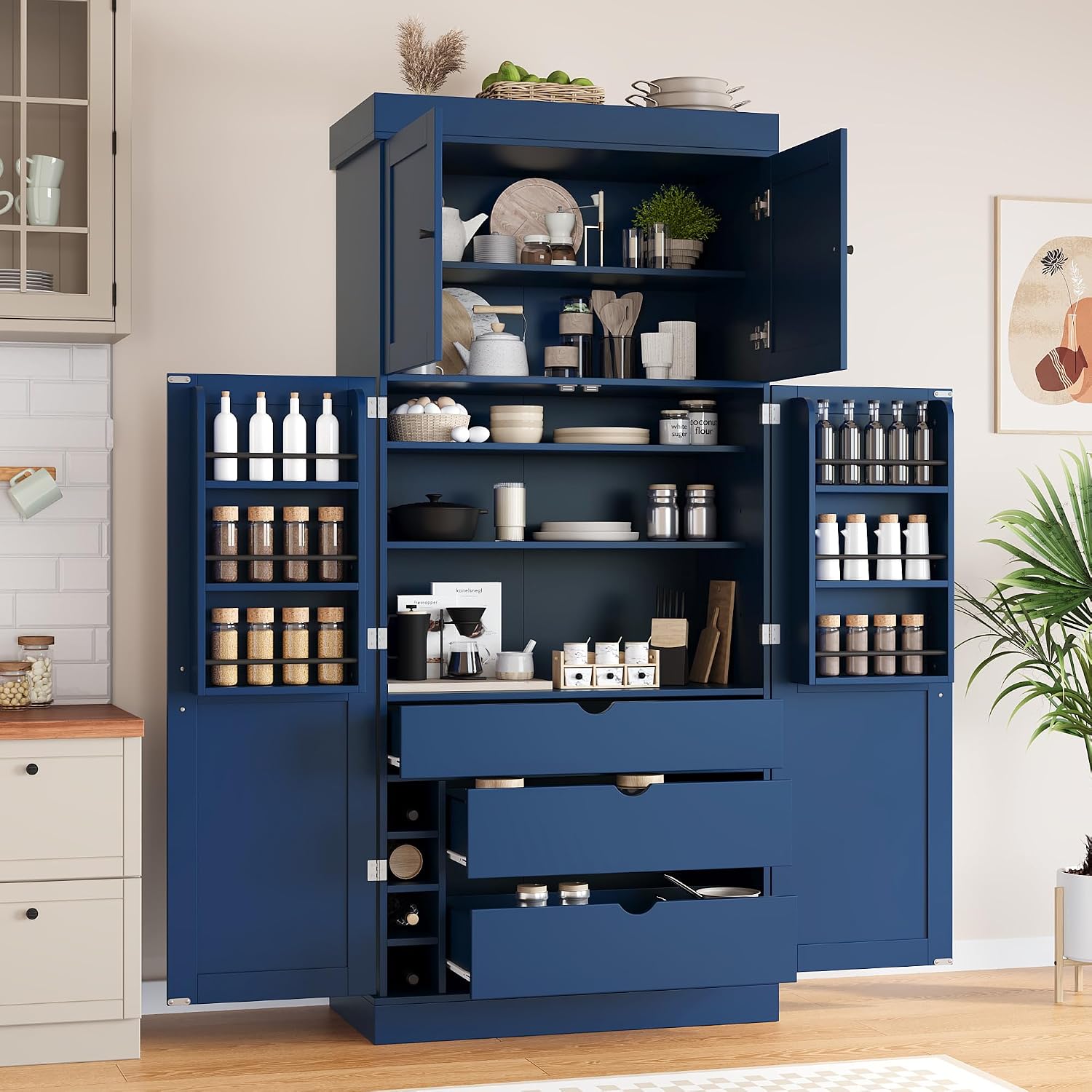 Merax 77'' Tall Freestanding Kitchen Pantry, 35''Lx17.7''W Modern Shaker Style Cupboard Storage Cabinet with Adjustable Shelves,Door Shelves, Drawers and Wine Racks, Blue
