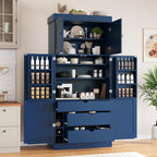 Merax 77''Tall Freestanding Kitchen Pantry,Farmhouse Tall Storage Cabinet with 2 Standard Plugs and 2 USB Ports,Wood Food Pantry with Adjustable Shelves,Door Shelves, Drawers and Wine Racks,Blue