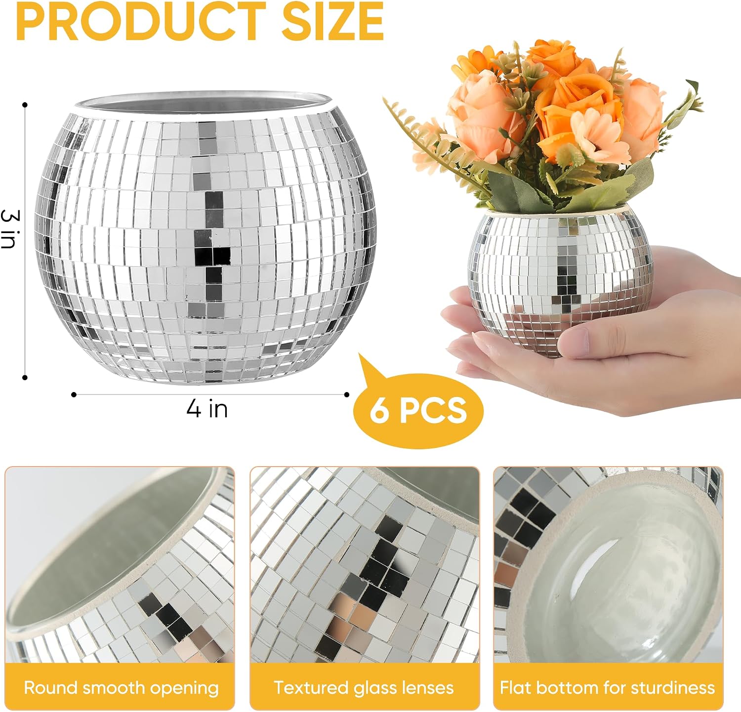 6 Pcs Disco Ball Vase Disco Ball Planter for Centerpieces Disco Ball Decor Flower Vase with Silver Mirror Glass for Wedding, Birthday, Party (3" X 4")