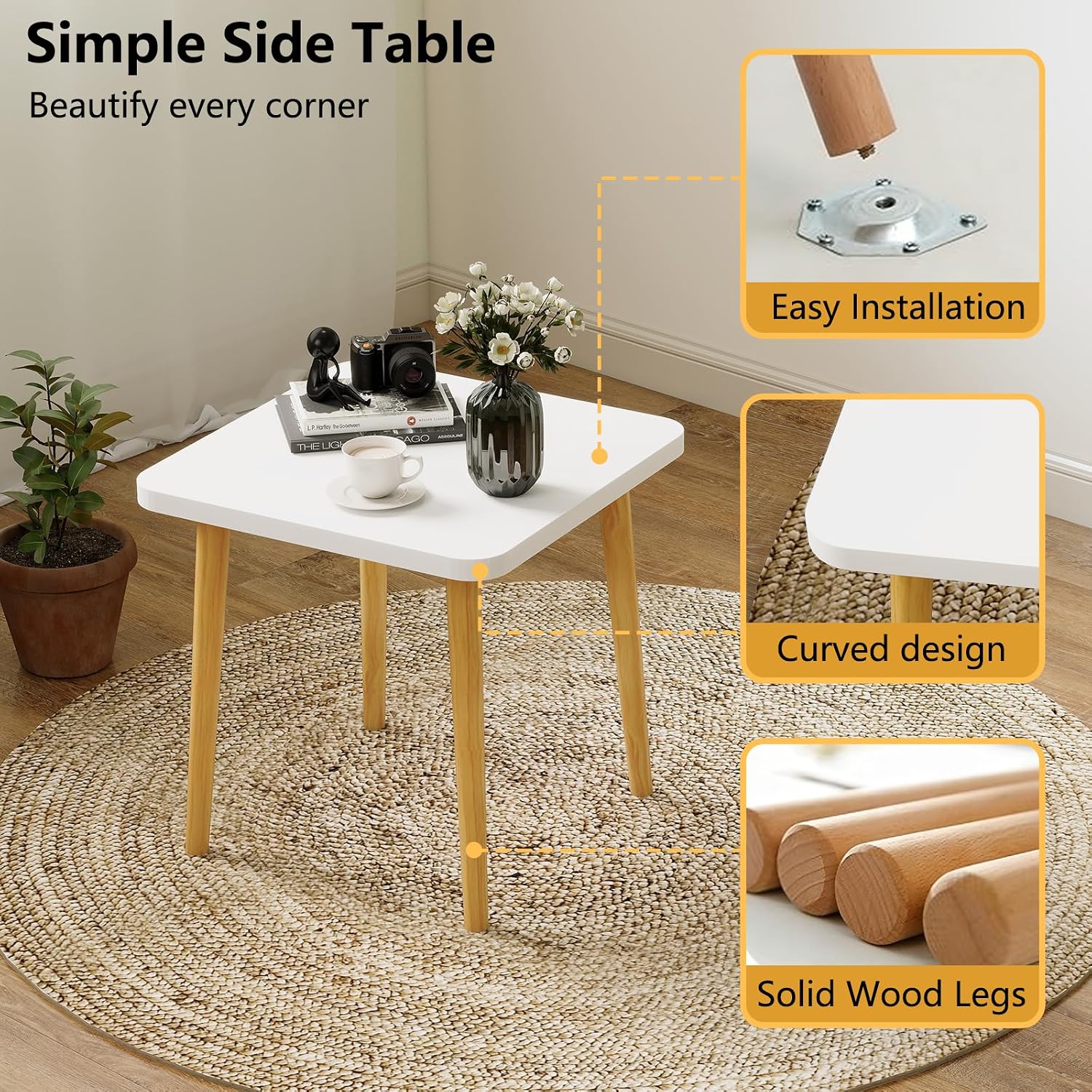 Funecy Square End Table Low Table with 4 Solid Wood Sturdy Legs,Floor Table Desk for Sitting on The Floor,20"(L) x 20"(W) x 20"(H),Living Room/Toy Room Furniture,Rental House Furniture(White)