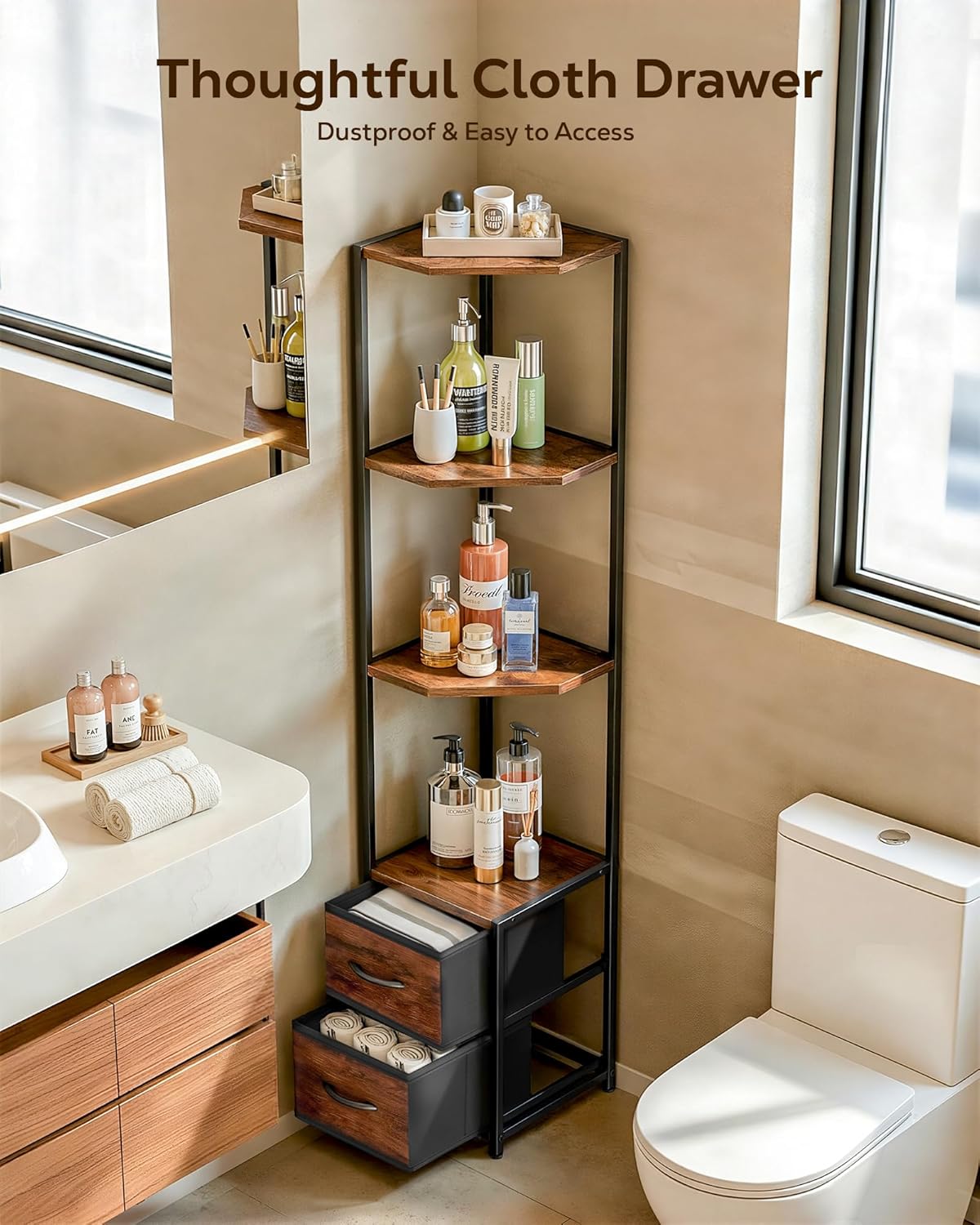 Housolution Corner Shelf Stand with Storage, 63.4'' Tall 6-Tier Corner Bookshelf Includes Fabric Drawers, Freestanding Corners Storage Shelf for Living Room Bedroom Kitchen Bathroom (Black + Brown)