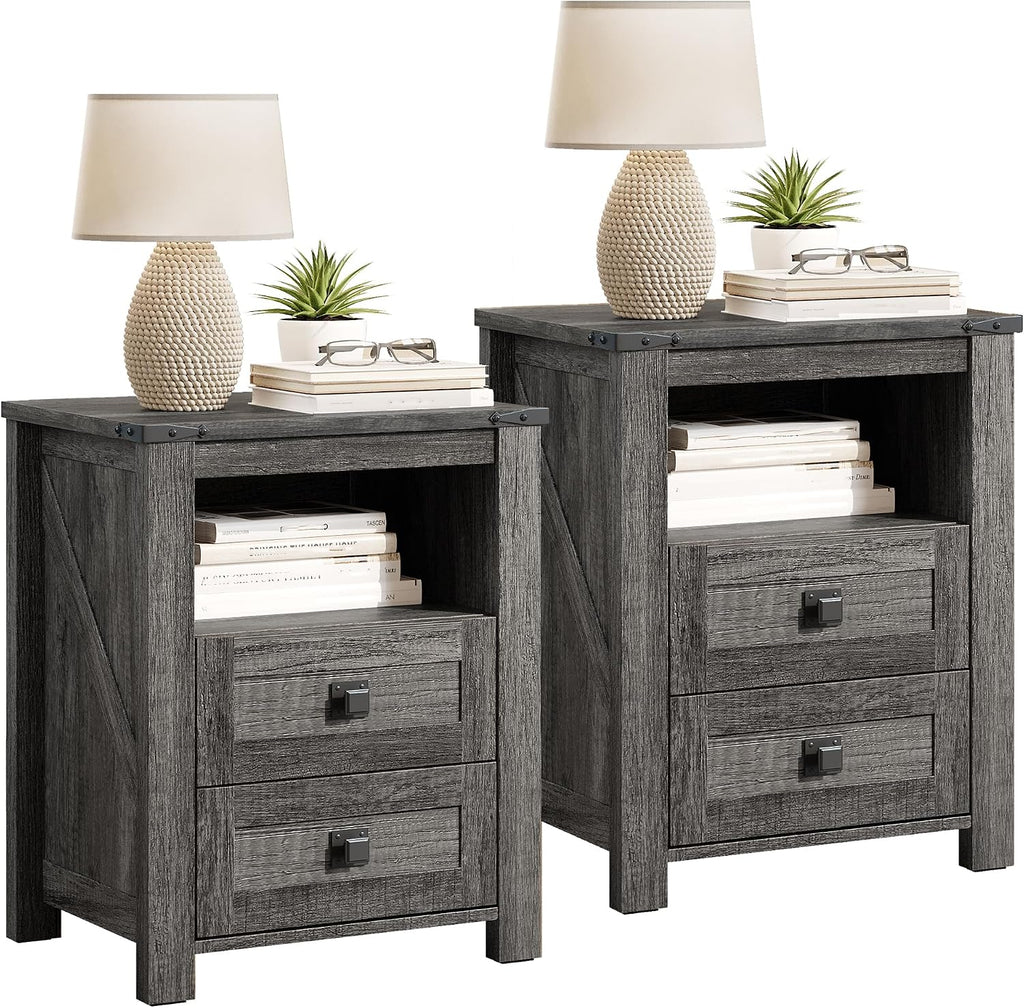 AMERLIFE Farmhouse Wood Nightstand Set of 2, End Table with Drawers, Grey | Narrow/Small 18" Bedside Table with Open Shelf, Wooden Night Stand for Bedroom/Home Office, Rustic Grey Oak