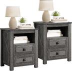 AMERLIFE Farmhouse Wood Nightstand Set of 2, End Table with Drawers, Grey | Narrow/Small 18" Bedside Table with Open Shelf, Wooden Night Stand for Bedroom/Home Office, Rustic Grey Oak
