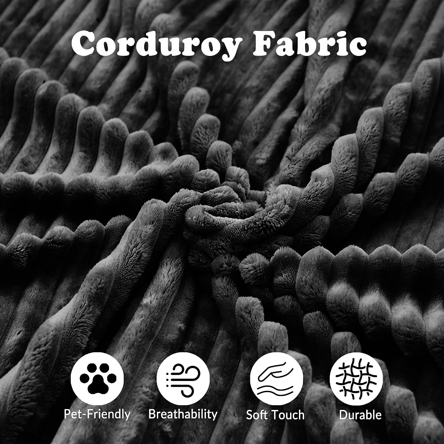 107" W Corduroy Sectional Boneless Cloud Couch with Chaise & Ottoman, No Assembly Required, U Shaped Modular Sectional Sofa, Cozy Fluffy Sofa for Living Room (Black, Left Facing Chaise+Ottoman)