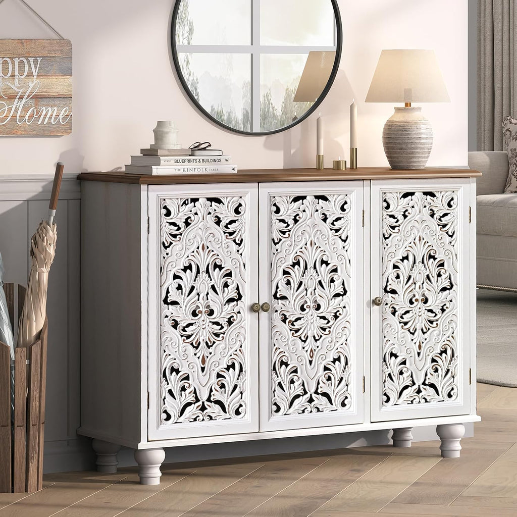 JOINICE Accent Cabinet with 3 Carved Doors,Farmhouse Buffet Cabinet with Storage for Living Room, Entryway, Dining Room, Coffee Bar(White)
