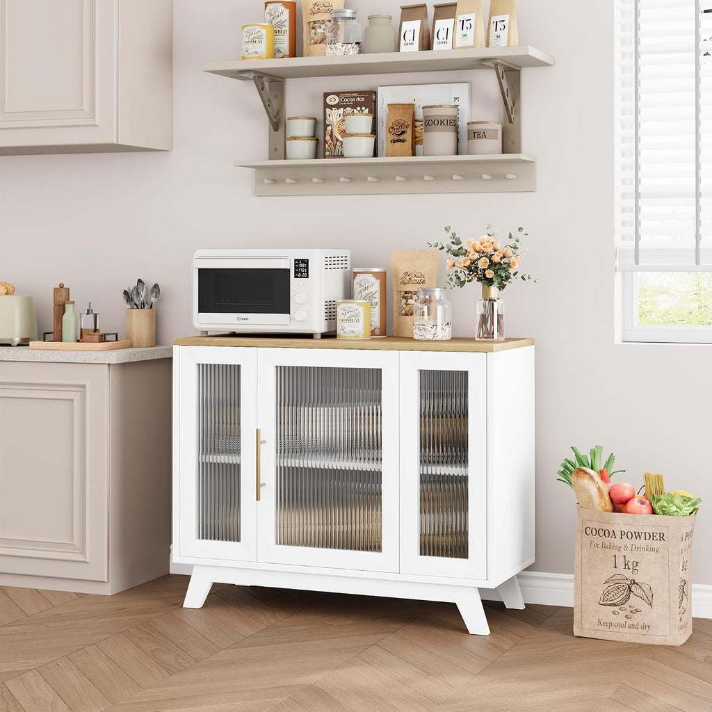 CABIHOME Buffet Cabinet, 36" Sideboard Buffet Storage Cabinet with Adjustable Shelves and Fluted Glass Door, Modern Coffee Bar, Table for Kitchen, Dining Room, Natural