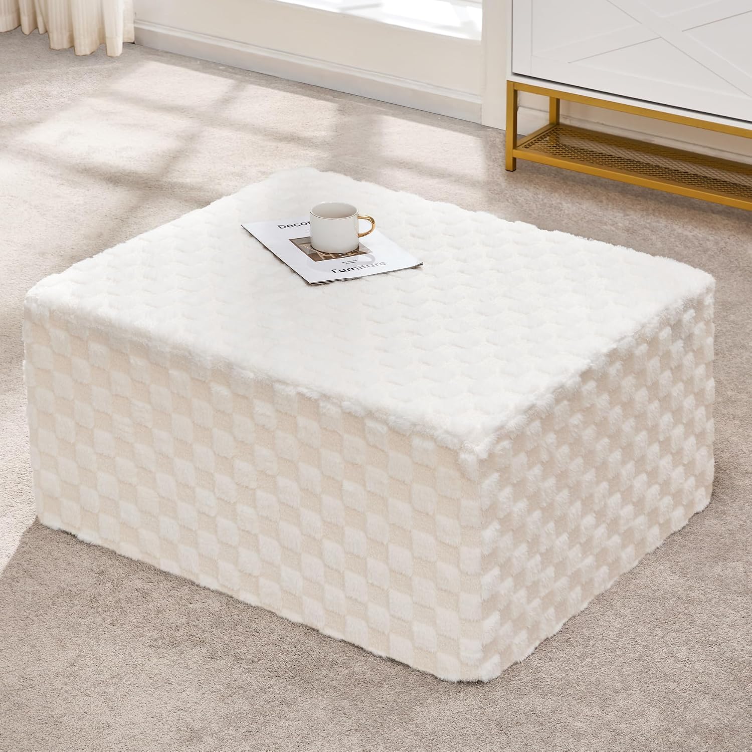Hobestluk Rectangle Ottoman Memory Foam Footrest for Couch with Removable Cover Large Floor Seating for Adults Ottoman Coffee Table for Living Room, Bedroom or Office (Plush White, Footrest)