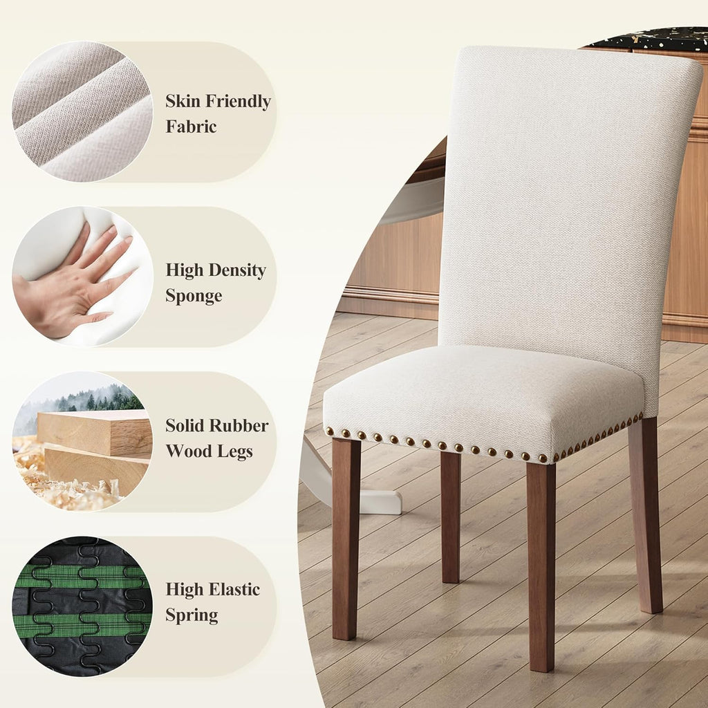 COLAMY Upholstered Parsons Dining Chairs Set of 2, Fabric Dining Room Kitchen Side Chair with Nailhead Trim and Wood Legs - Beige