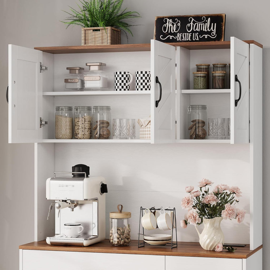 71" Pantry Cabinet with Charging Station, Kitchen Hutch Storage Cabinet with Countertop & Drawer, Farmhouse Food Pantry with Microwave Stand & Adjustable Shelves for Living Room, Dining Room, White