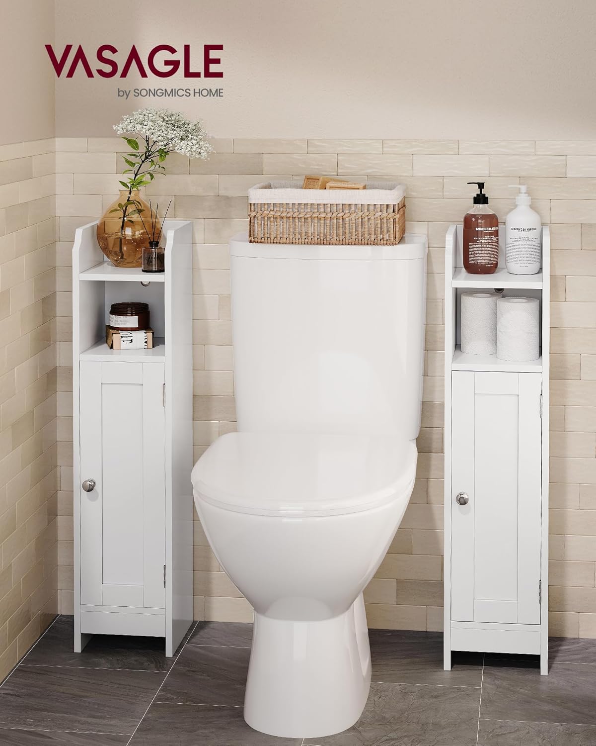 VASAGLE Small Storage Corner Floor Cabinet with Door, 7.9 x 7.1 x 31.5 Inches, Narrow Toilet Paper Storage Holder, Adjustable Shelves, for Bathroom, Living Room, Small Spaces, Cloud White UBBC310W01