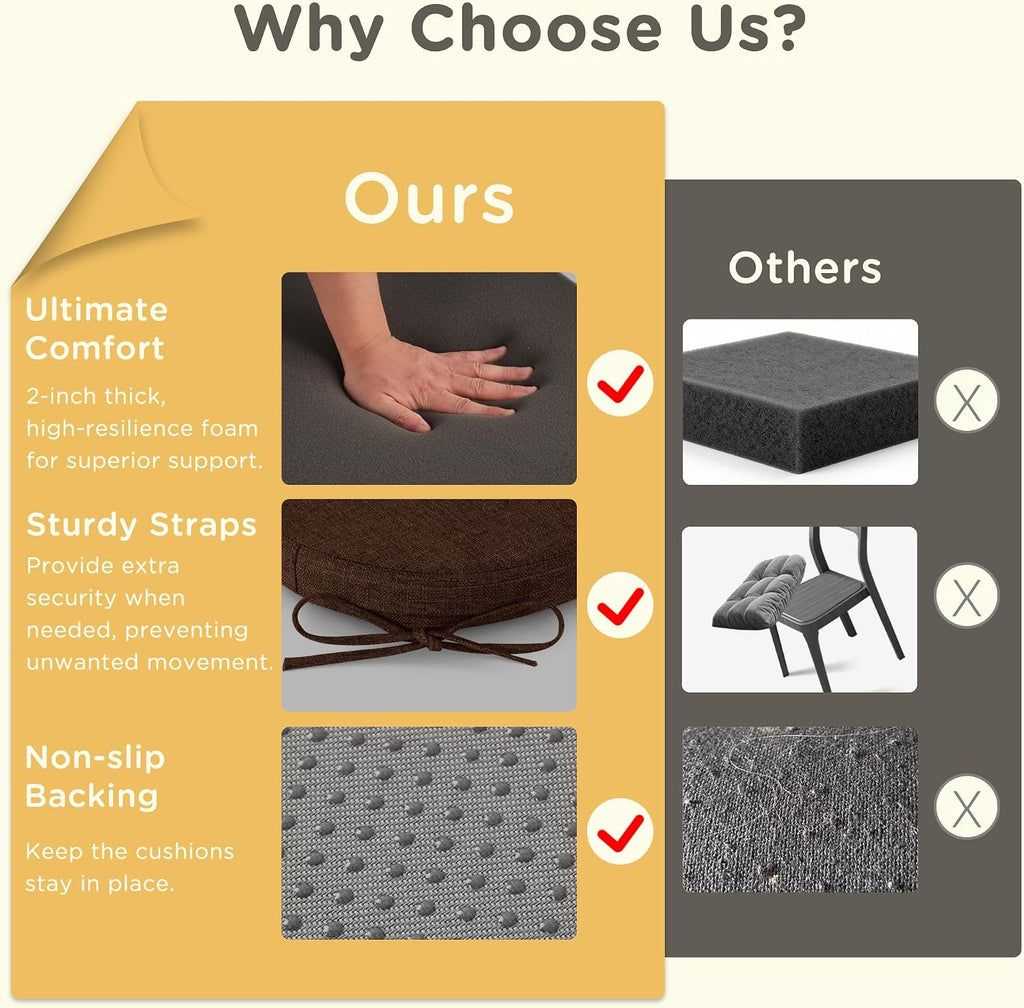 Non-Slip Kitchen Chair Cushions Set of 2 Comfy Chair Pads with Ties High-Resilience Foam Indoor Kitchen Seat Cushions for Dining Room with Machine Washable Cover 17.5 x 17.5 x 2 inch Coffee