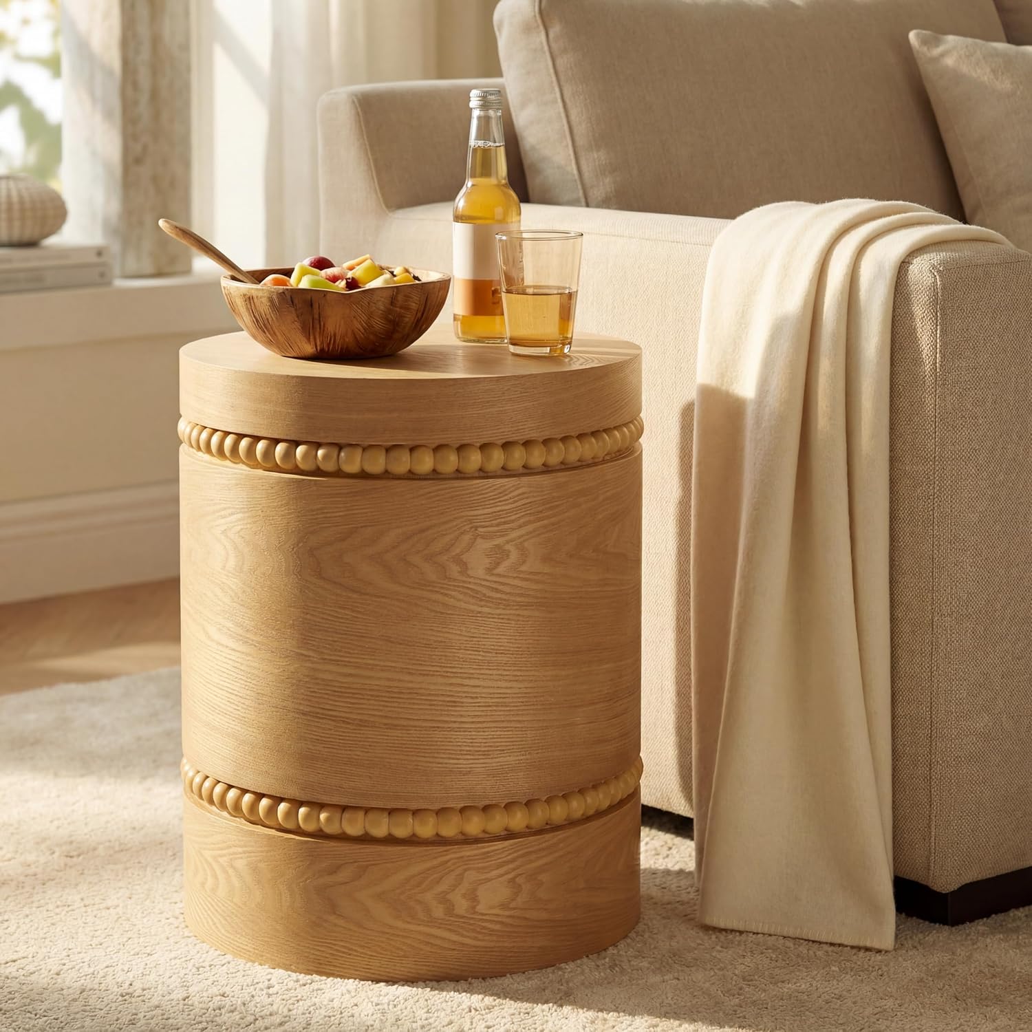Christopher Knight Home Annie 20.28'' Wood Small Side Table, Bedside Table with Wooden Beads Accent, Round End Table for Living Room/Bedroom/Small Spaces, No Assembly Plant Stand Indoor, Natural