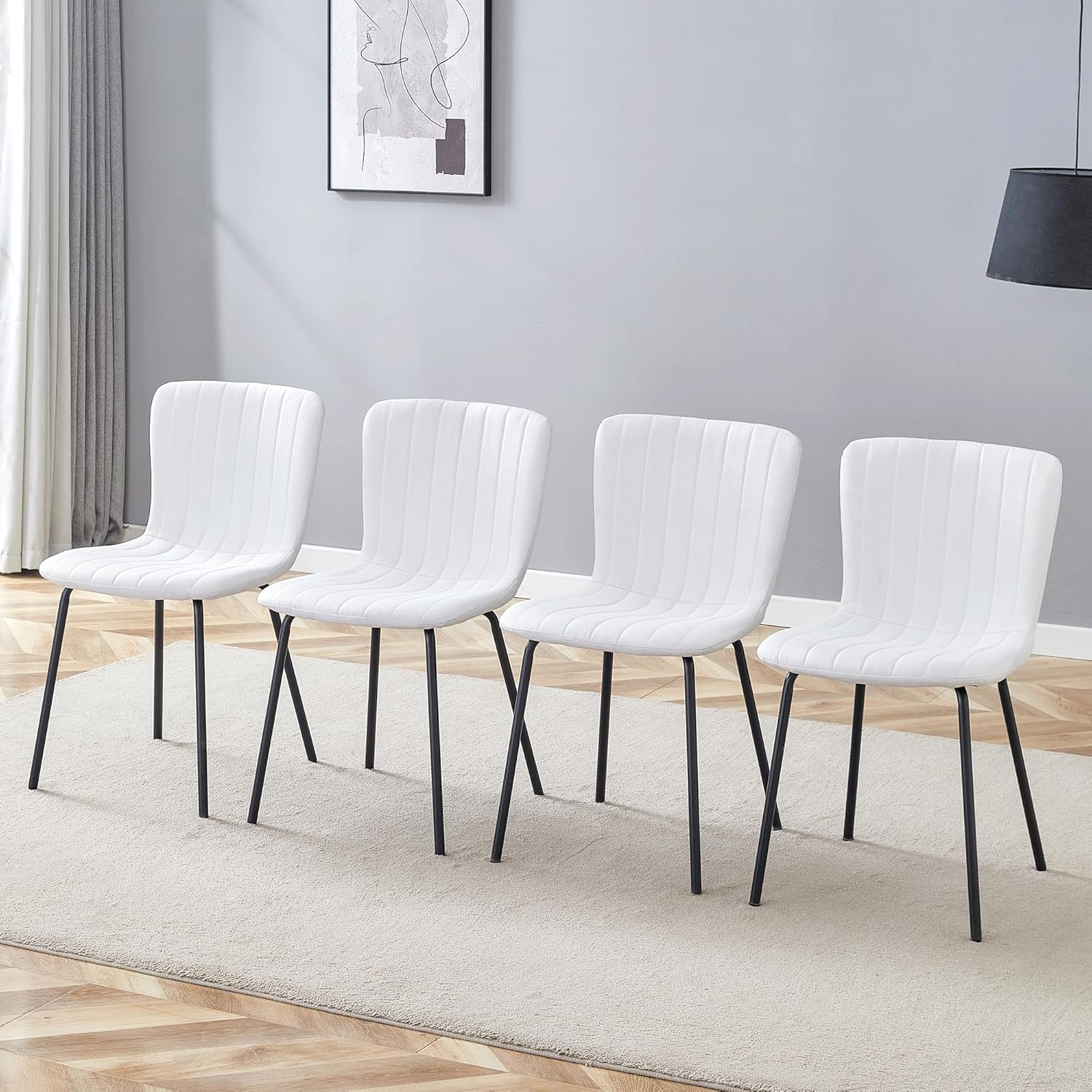 Dining Chairs Set of 4, White Linen Kitchen Chairs Heavy Duty Restaurant Chair Striped Modern Parson Chair with Metal Leg for Kitchen Restaurant Dining Room