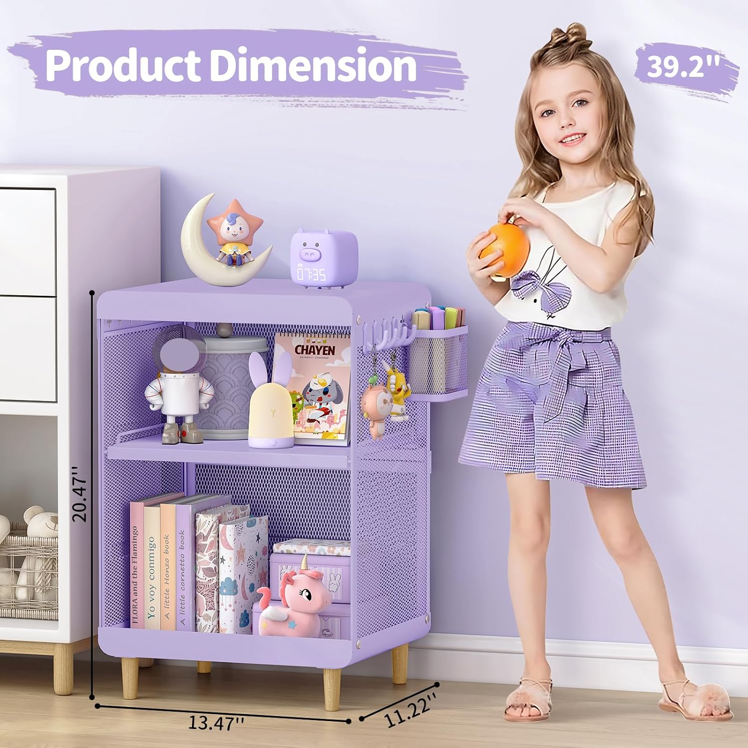 SYKIARIOL Kids Nightstand for Girls, 3-Tier Storage Shelf, Purple | Metal Bedside Table with 4 Hooks & Hanging Basket, Toddler Night Stand for Bedroom