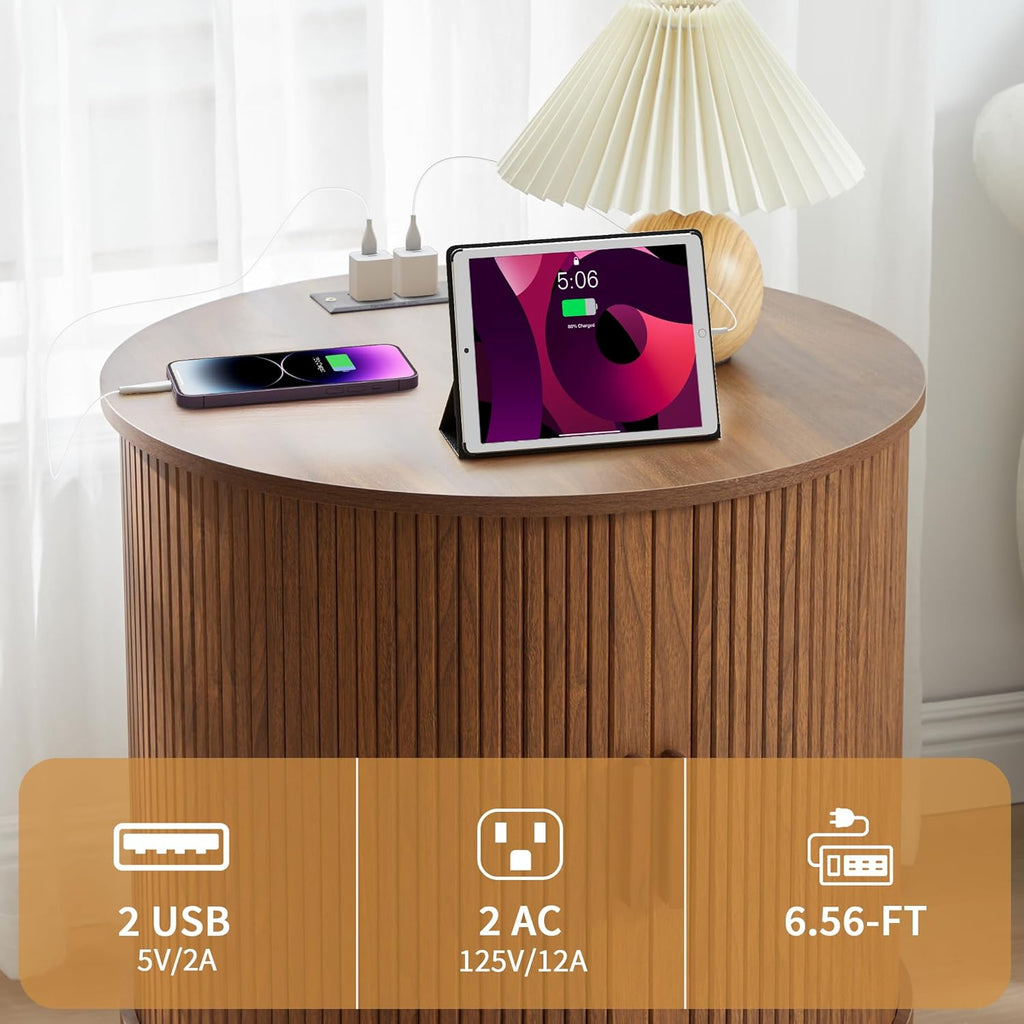 24" End Table with Charging Station, Farmhouse Round Fluted Wood Night Stand, Mid-Century Large Side Table with Storage & Sliding Door for Living Room, Bedroom (Round, Walnut)