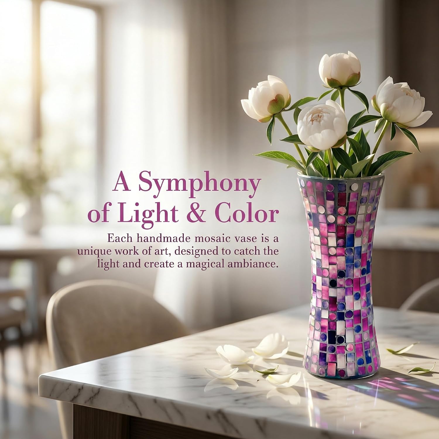 11.6" H Purple Red Mosaic Vase, Exquisite Handmade Craftsmanship Tall Glass Vase, Modern Hourglass Art Centerpiece with Dreamy Geometric Pattern for Home & Office Decor, Unique Gift