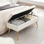 SNOWDROP 40" Upholstered Storage Bench – Ivory White End of Bed Bench with Gold Metal Legs, Button-Tufted Modern Faux Leather Ottoman Bench for Bedroom, Entryway & Living Room