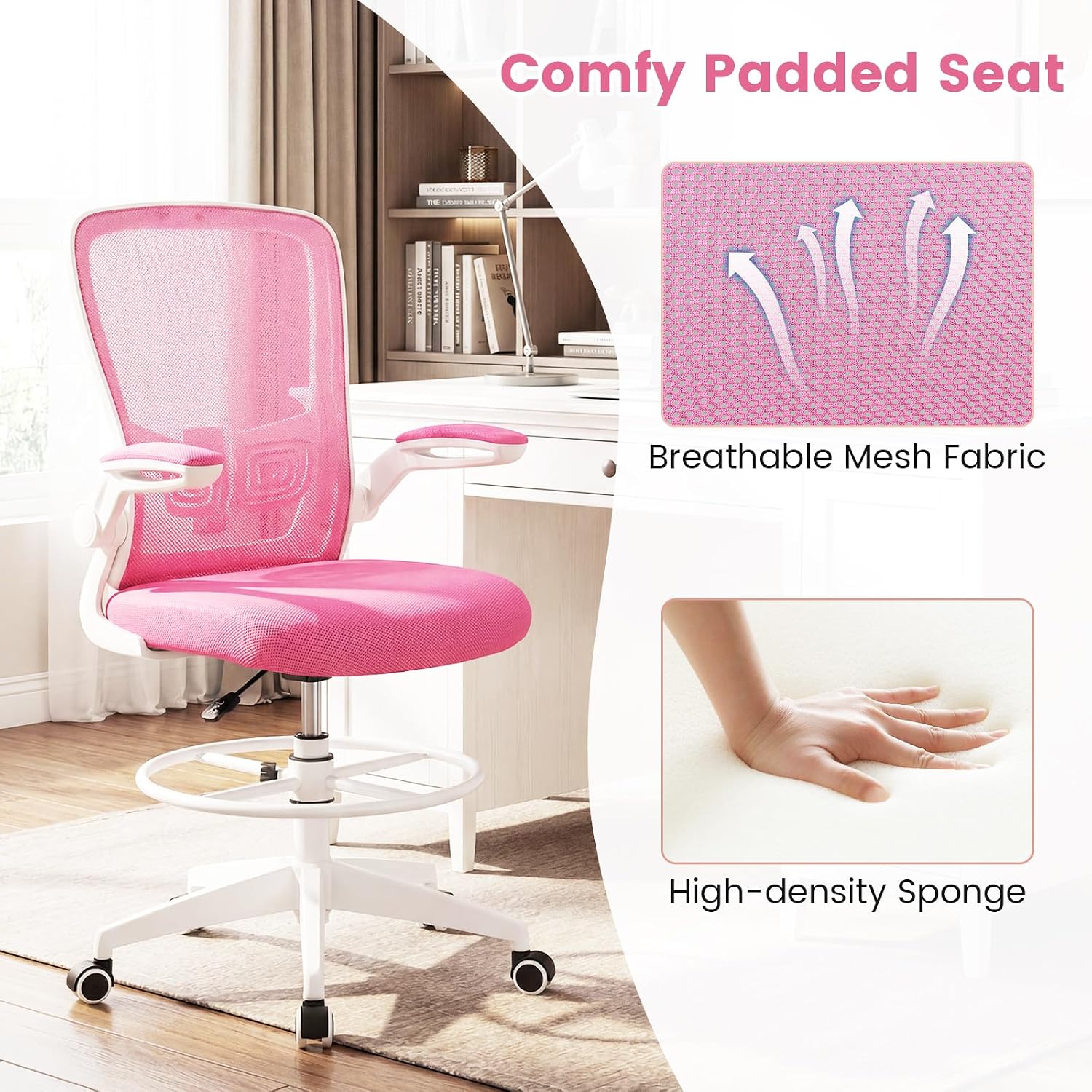 COSTWAY Drafting Chair, Tall Office Chair with Flip-up Armrests & Adjustable Foot Ring, High Back Computer Standing Desk Chair with Ergonomic Lumbar Support, Breathable Mesh (1, Pink)