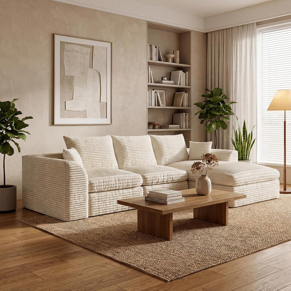 106" Modular Cloud Sofa L-Shaped, Boneless Deep Seat Sectional with High-Density Foam, Washable Corduroy Fabric, No Assembly Required for Living Room Apartment, Beige