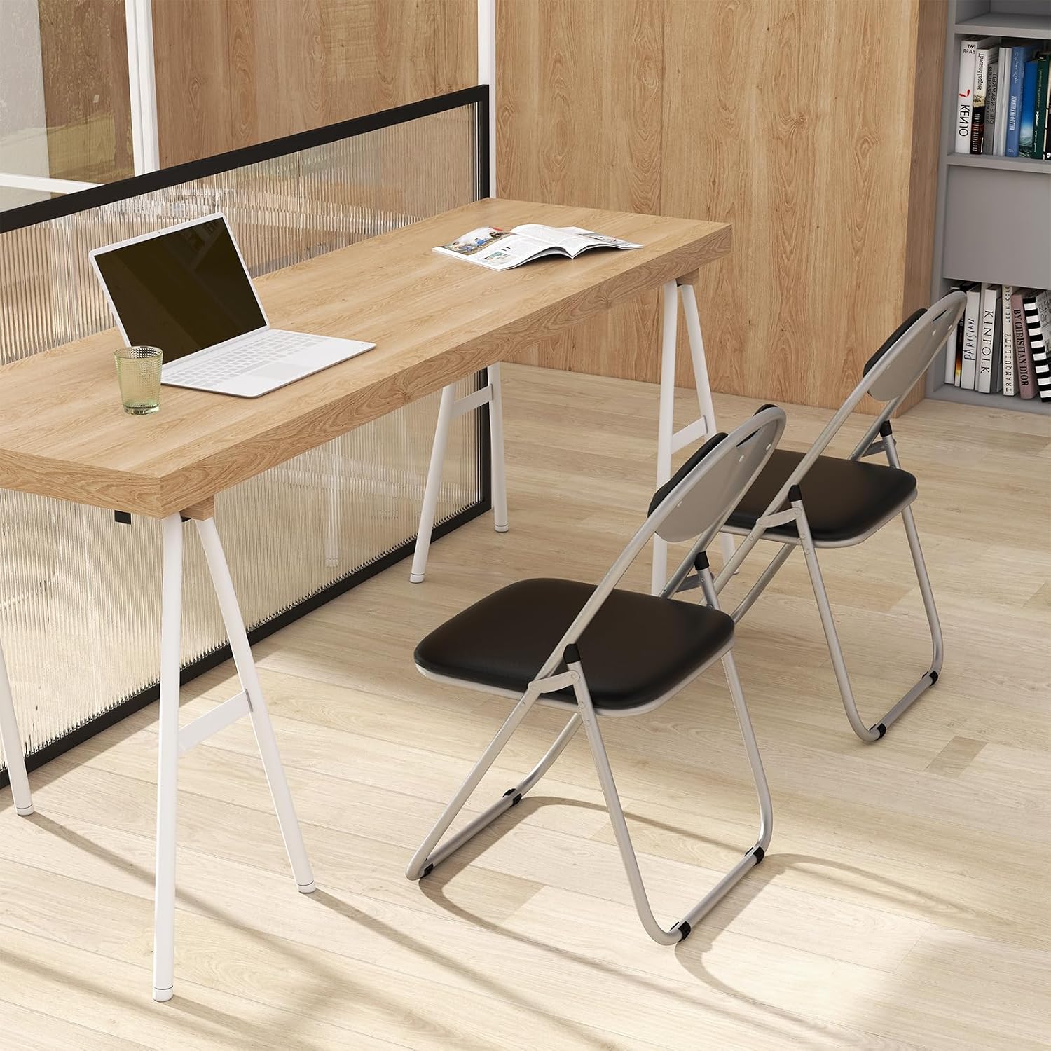 POWERSTONE Folding Chairs 2 Pack 300-Pound Capacity, Sturdy Metal Foldable Chairs, PU Leather Padded Folding Chairs Set of 2 Assembled for Meeting Room Classroom Restaurant and Patio