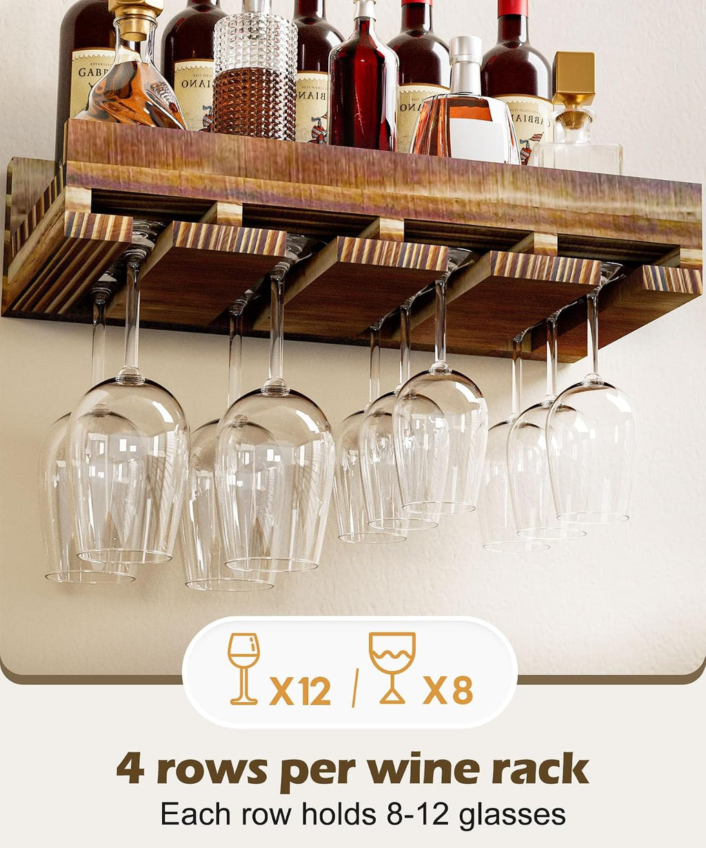 Homde Wall Mounted Wine Rack Set, 2 Pack Pine Wood Wine Racks with Glass Holder, Rustic Farmhouse Floating Bar Shelves for Liquor Bottles & Stemware for Home Bar/Kitchen/Living Room Decor
