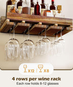 Homde Wall Mounted Wine Rack Set, 2 Pack Pine Wood Wine Racks with Glass Holder, Rustic Farmhouse Floating Bar Shelves for Liquor Bottles & Stemware for Home Bar/Kitchen/Living Room Decor