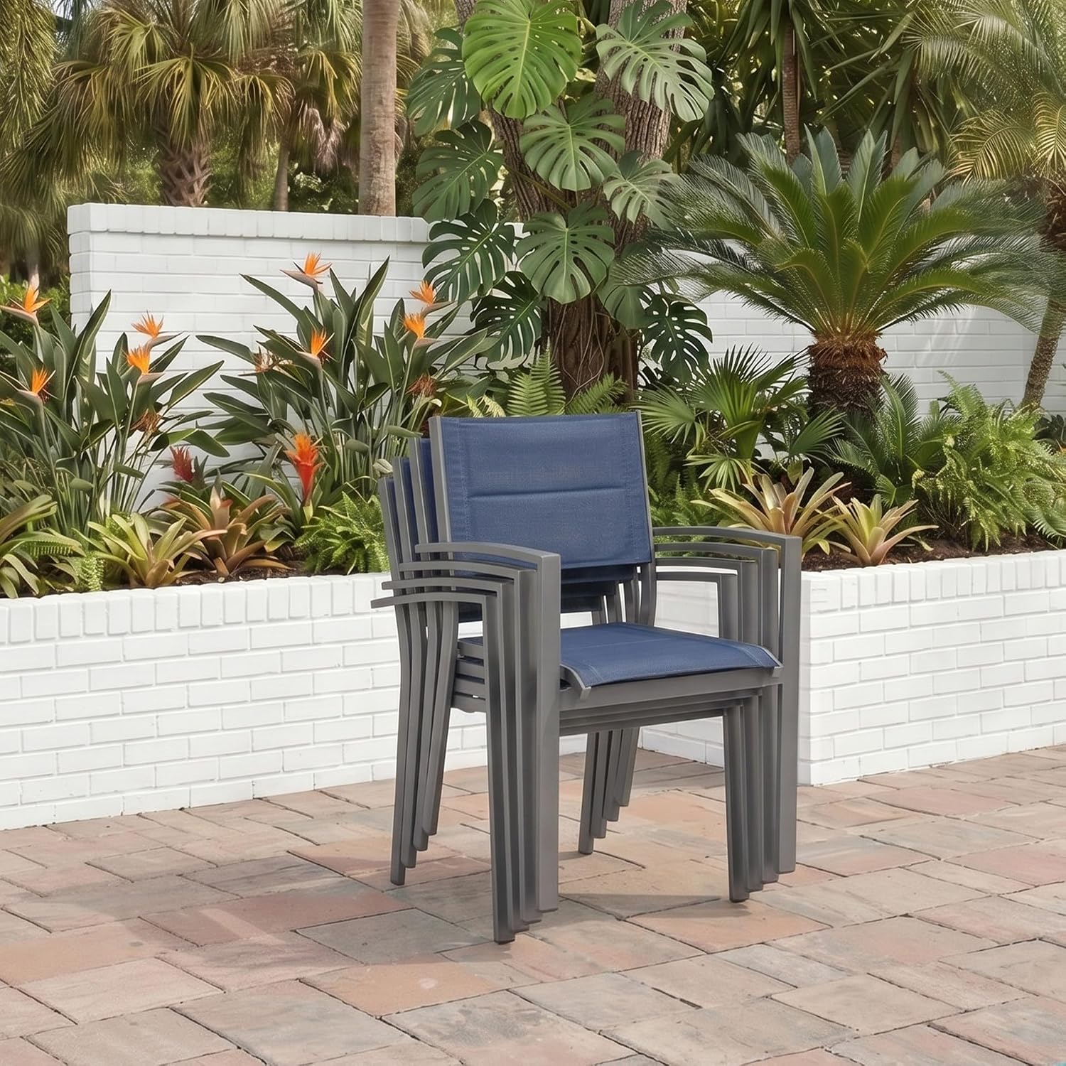 Signature Design by Ashley Point Bonita Set of 4 Outdoor Chairs with Padded Sling Seat, Stackable Aluminum Lounge Chairs for Patio and Porch Seating, Gray Frame with Blue Sling