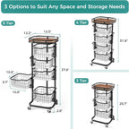 5 Tier Kitchen Fruit Vegetable Storage Cart with One-Piece Rotating Basket, Pantry Organizer Shelf Rack Floor Stand for Veggie Onion Potato Produce Spice, Rolling Snack Cart on Wheels, Black