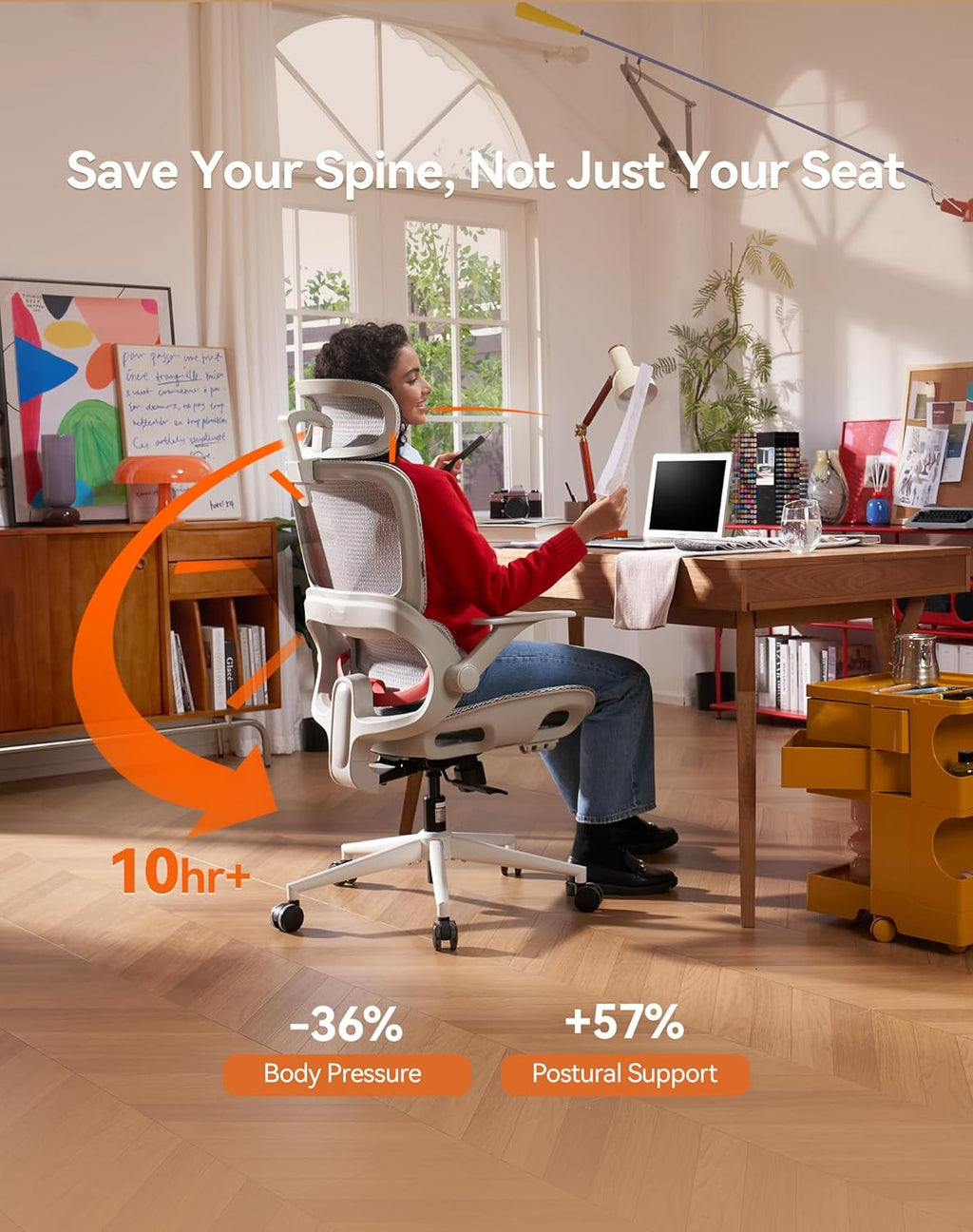 SIHOO B100 Office Chair, Ergonomic Office Chair Without Footrest, Computer Chair with Wide Headrest & Adaptive Lumbar Support, Flip-up Armrests, Swivel Desk Chair for Long Hours, Grey
