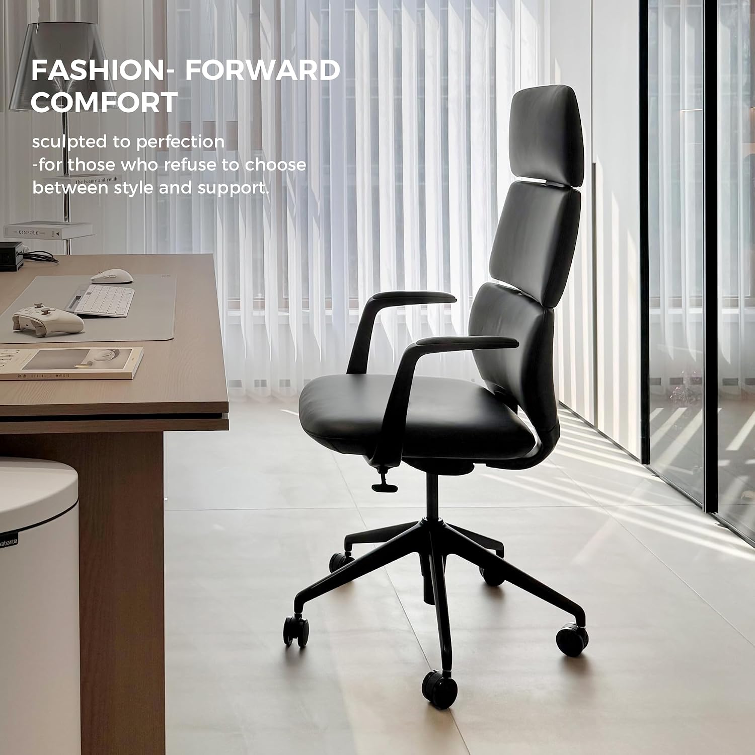 TOMU Executive Leather Office Chair, Top Grain Genuine Leather Executive Chair High Back with headrest, Adjustable Tilt & Height, Ergonomic Swivel Chair with Wheels (Black)