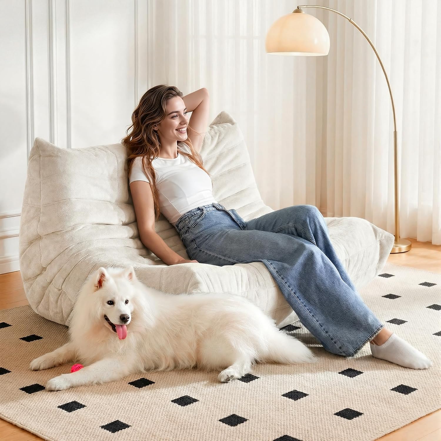 Bean Bag Chair, 2 Seater Lazy Bean Bag Sofa Memory Foam Couch, Giant Bean Bag Chairs for Adults, Loveseat Fireside Chair for Living Room, Bedroom, Office(Beige)