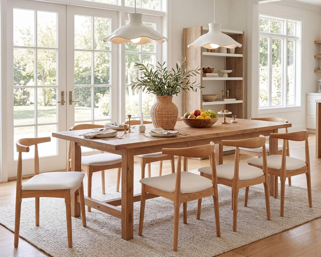 HNY Wooden Dining Chairs Set of 6, Mid Century Modern Dining Room Chairs with Natural Wood Legs & Open Curved Back, Upholstered Beige Linen Armless Kitchen Chair for Dining Room Restaurant