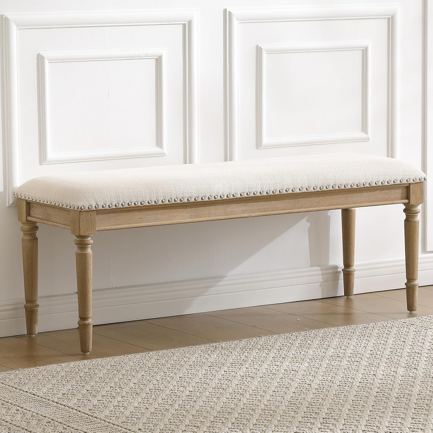 chairus Farmhouse Dining Bench 46" Wooden Entryway Bench with Padded Seat and Nailhead Trim for Kitchen Bedroom,Indoor and Hallway, Beige Linen