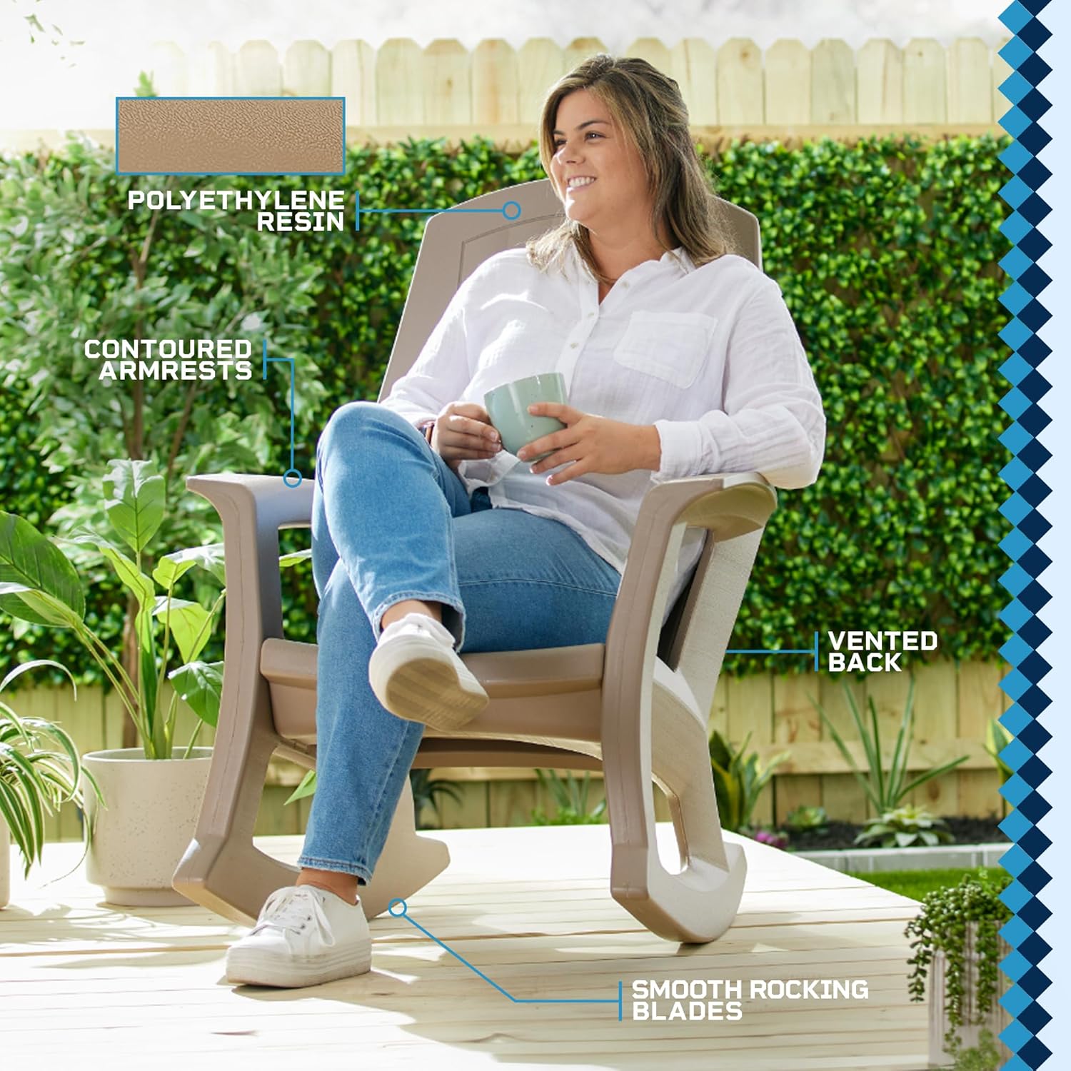 Semco Plastics Rockaway Heavy Duty Polyethylene All Weather Outdoor Rocking Chair with Backrest and Armrests for Porch, Deck and Patio, Taupe