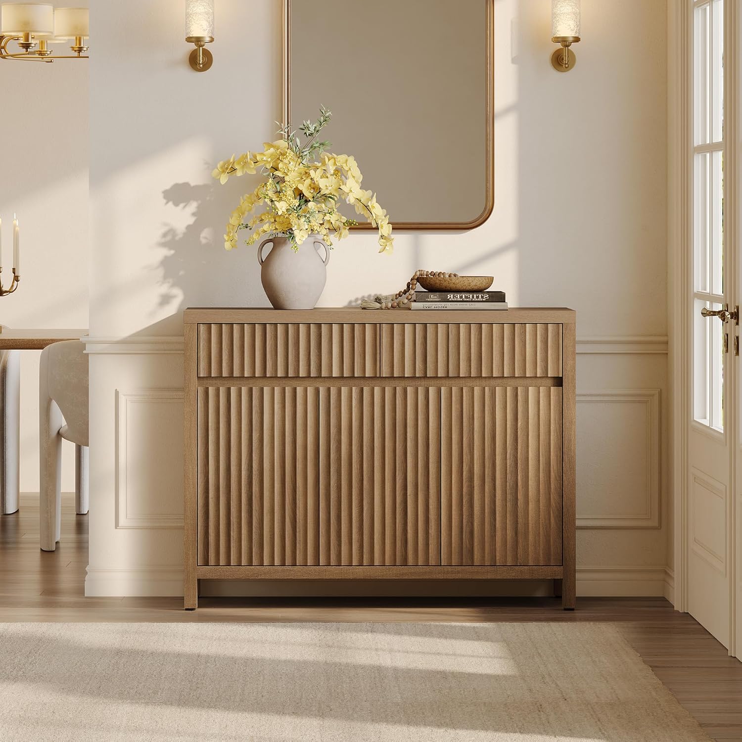 SICOTAS Fluted Sideboard Buffet Cabinet with Storage – Extra Large Credenza Accent Cabinet with 2 Drawers and 3 Doors, 84" Modern Entryway Cabinet Console with Adjustable Shelves for Living Room