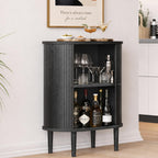 WERMO 28'' Fluted Black Bar Cabinet with Sliding Doors, Hidden Storage and Adjustable Shelf - Modern Liquor Cabinet and Narrow Wine Bar, Small Coffee Station, 28 Inch Wide Sideboard Buffet (Black Oak)