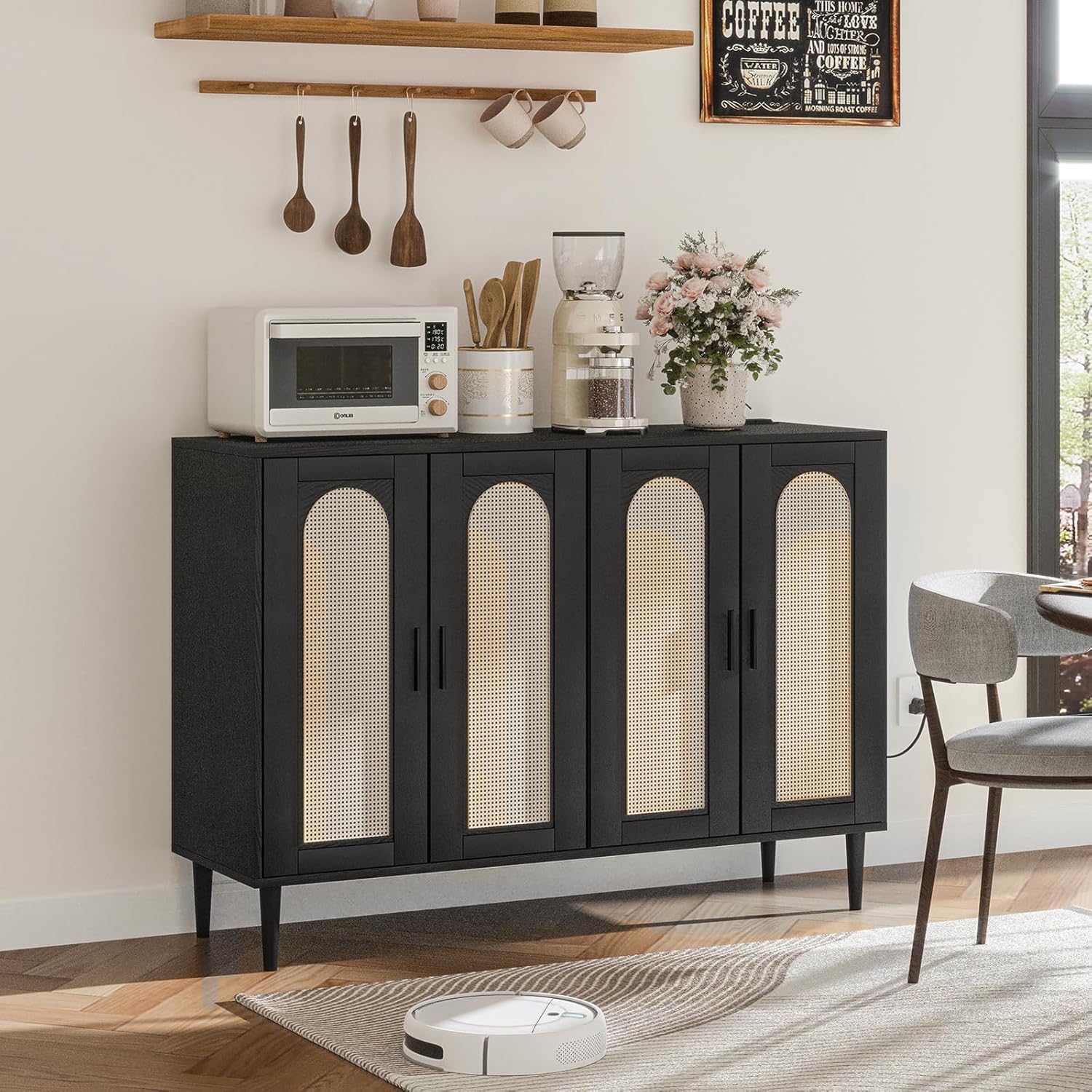 Patikuin Rattan Sideboard Buffet Cabinet, Boho Accent Storage Cabinet, 4 Doors Console Table Coffee Bar with Power Outlet, Adjustable Shelves for Kitchen, Dining Room, Hallway, Living Room (Black_2)