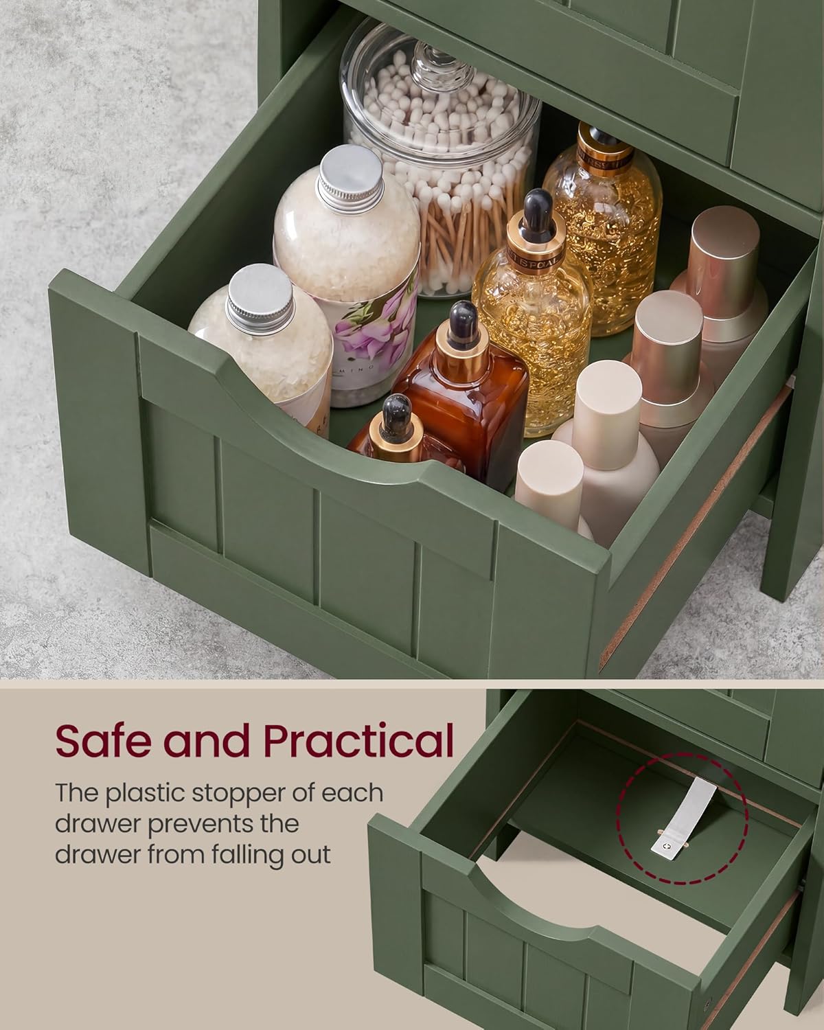 VASAGLE Floor Storage Cabinet, Freestanding Storage Organizer with 4 Drawers, 11.8 x 11.8 x 32.3 Inches, for Living Room, Bathroom, Dining Room, Kitchen, Modern Style, Forest Green ULHC040CH01S