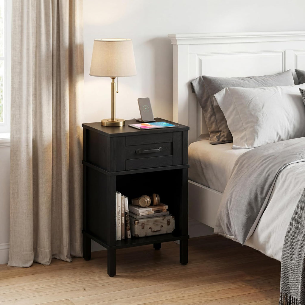 Black Nightstand with Drawers,Small Night Stand,Black Bedside Table | Morden Nightstand,Black Wood Nightstand,Bedside Table with Drawers,Farmhouse End Table,Black Side Tables Bedroom LET512B