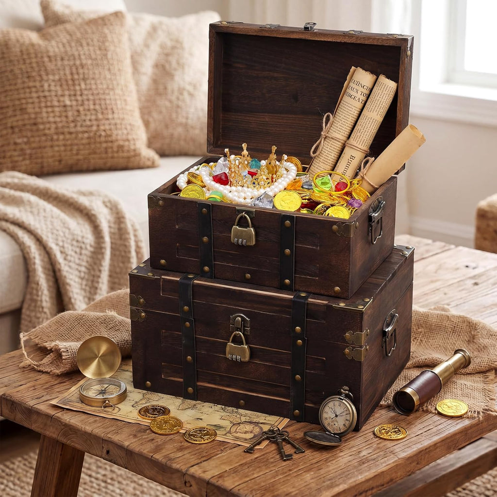 Domensi Set of 2 Vintage Wooden Treasure Chest Box with Locks Large and Small Decorative Keepsake Box Retro Rustic Pirate Storage Treasure Chest for Jewelry Gifts Home Decor (Large,Square)