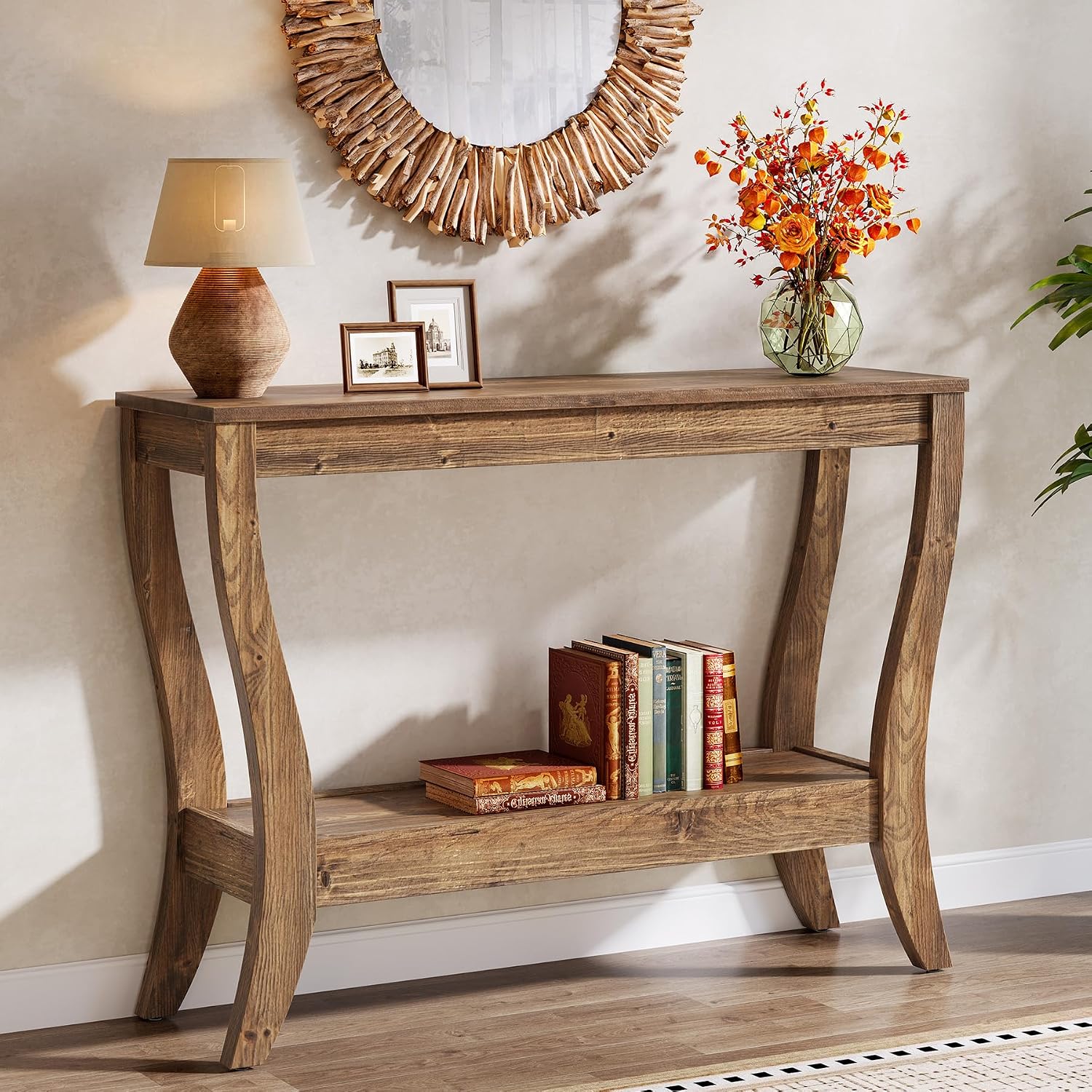 Solid Wood Console Table for Entryway, 41.3-Inch Farmhouse Sofa Table with Storage, 2-Tier Wooden Entrance Table for Living Room, Hallway, Foyer, (Brown)
