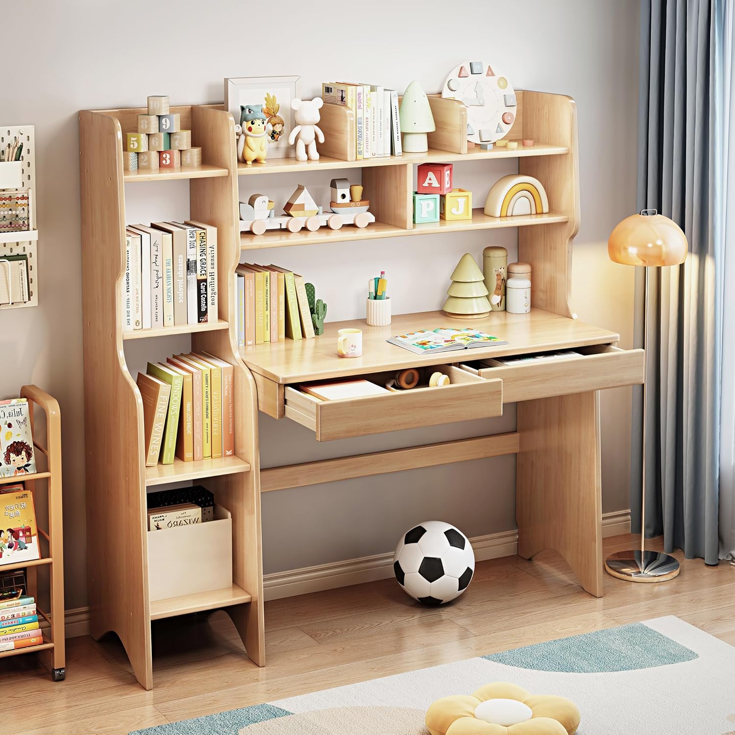 Kids Desk＆Table with Shelves and Drawers Wooden Kids Media Desk Student Learning Computer Workstation and Writing Desk (Natural)