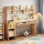 Kids Desk＆Table with Shelves and Drawers Wooden Kids Media Desk Student Learning Computer Workstation and Writing Desk (Natural)
